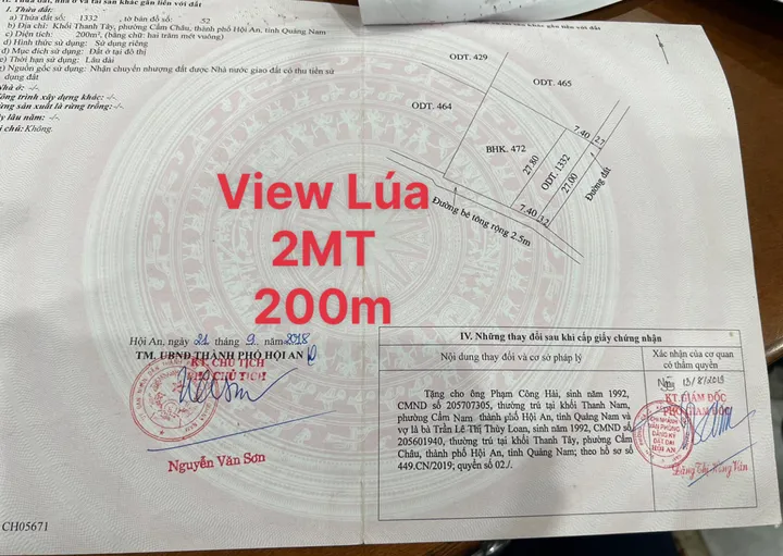 Bán đất View Lúa Cánh Đồng An Mỹ 200m - Hội An. Khu vực kinh doanh Villa, Homestay (MS05)